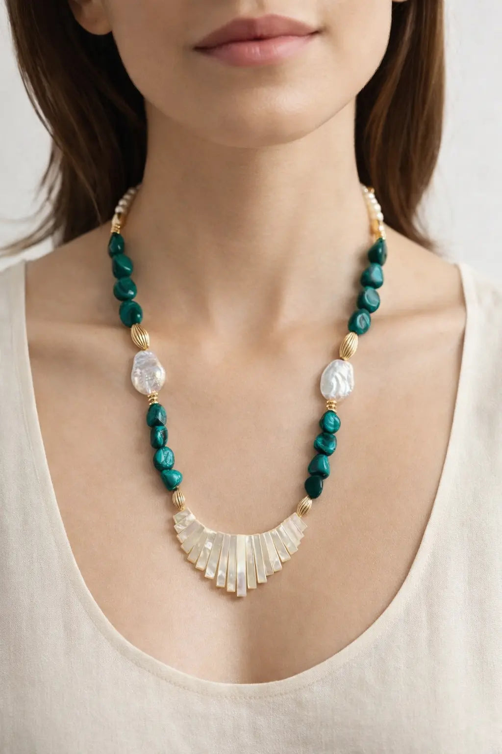Malachite Necklace, Mother of Pearl Statement Necklace view 2